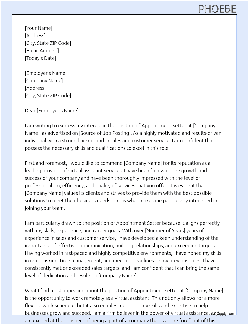 appointment setter At myoutdesk Cover Letter