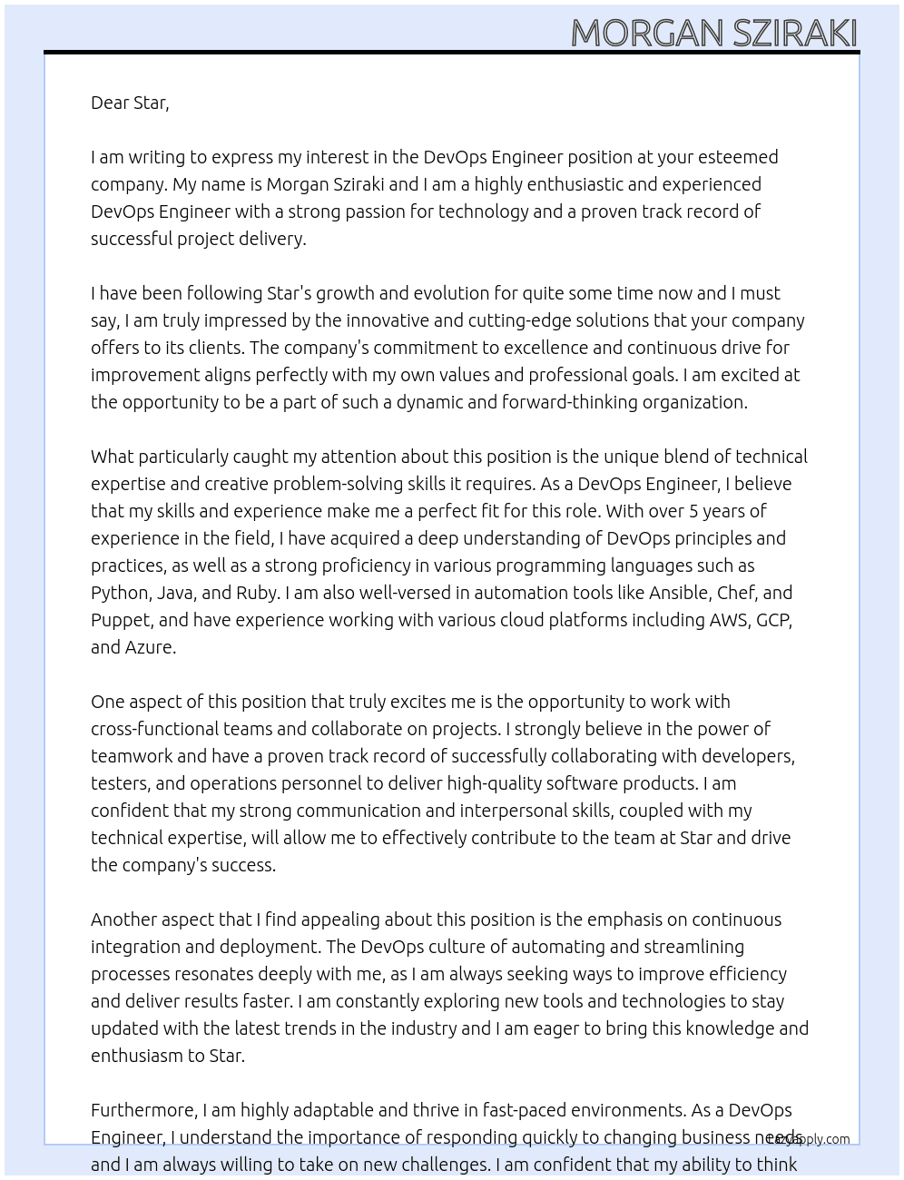 DevOps Engineer At Star Cover Letter