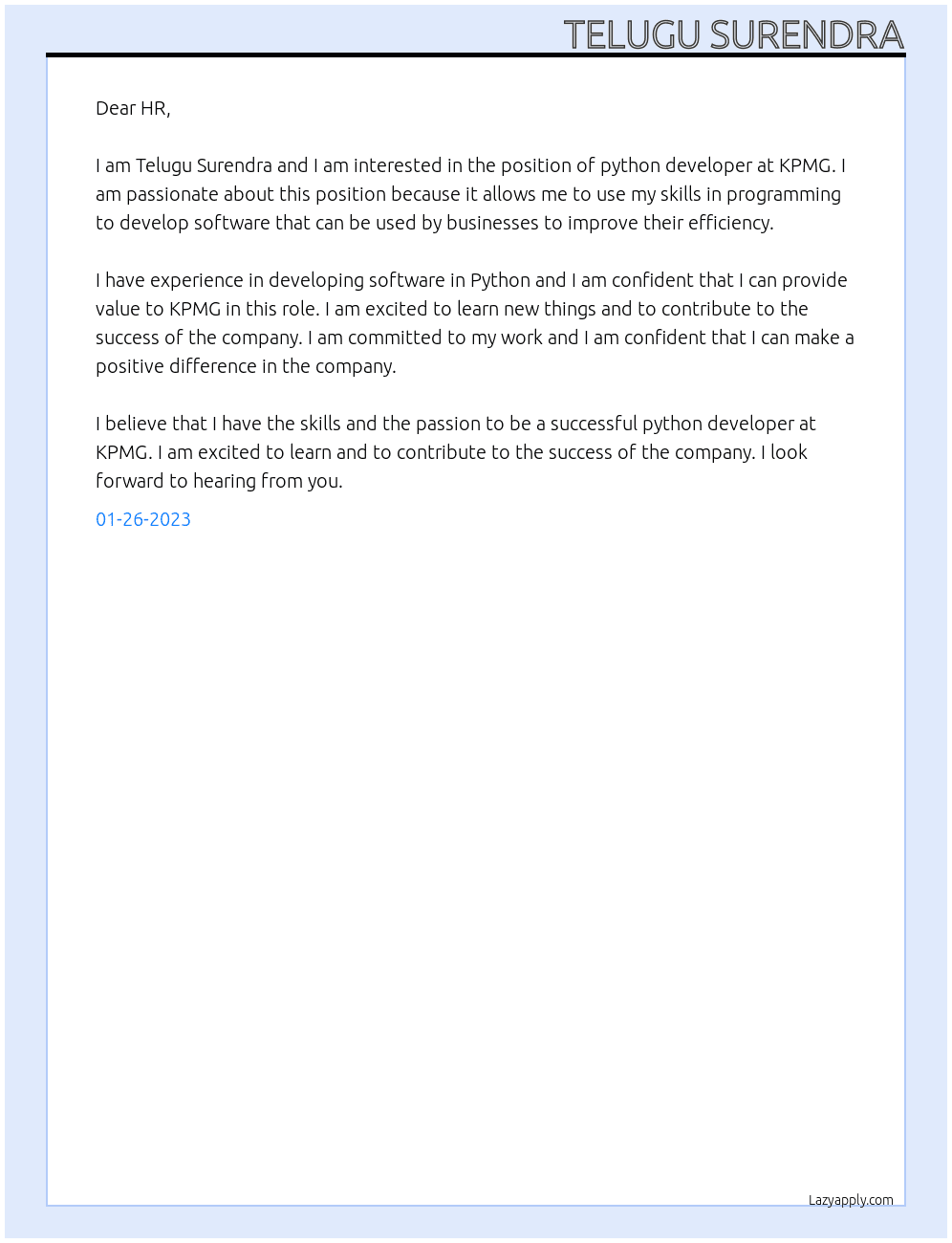 Cover letter for python dveloper - LazyApply