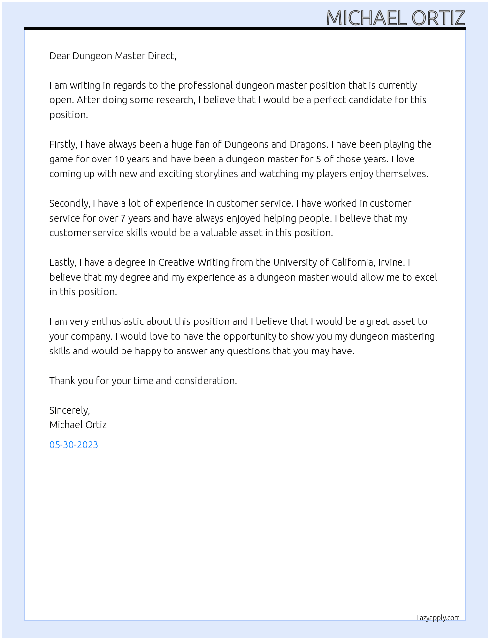 Professional Dungeon Master At Dungeon Master Direct Cover Letter