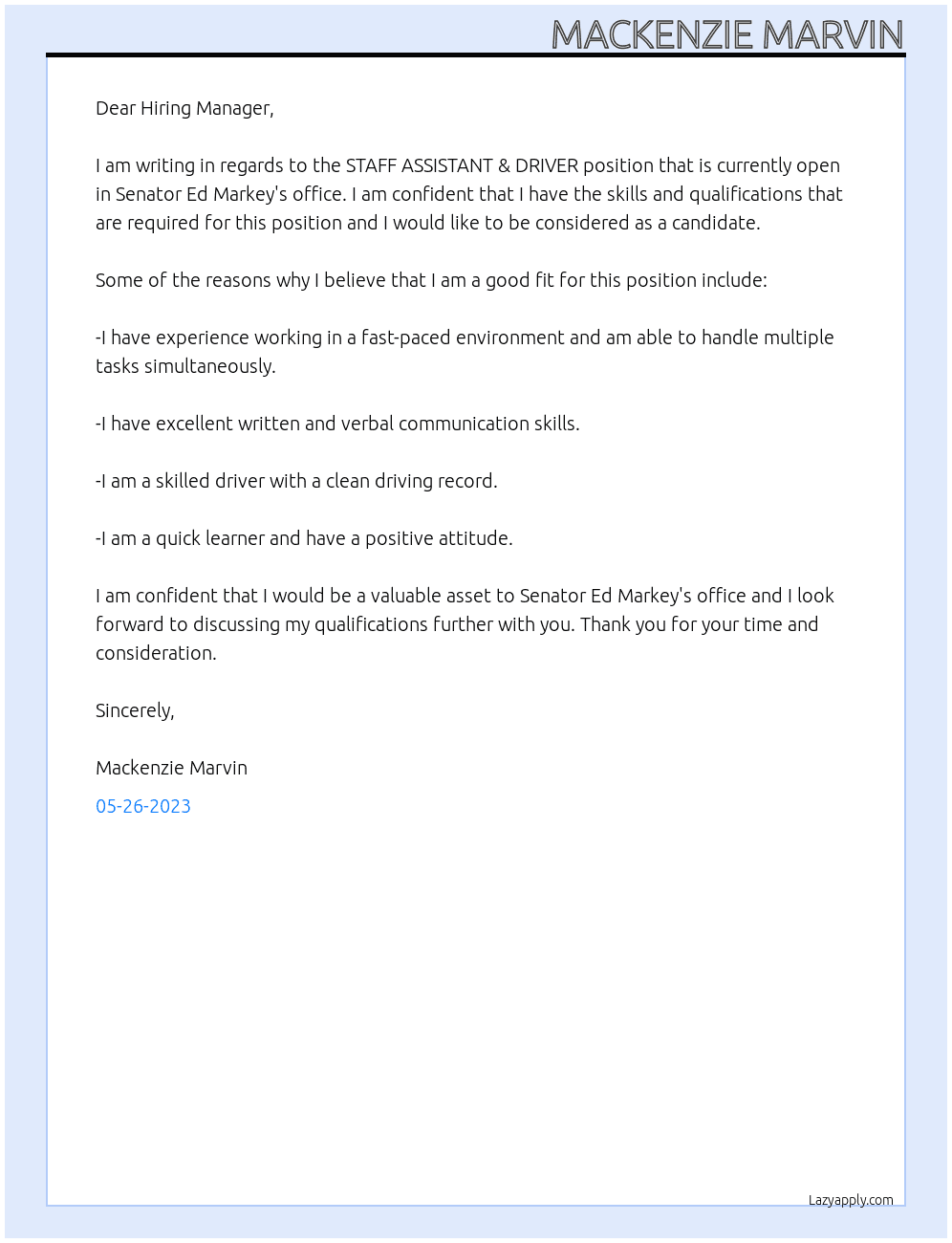STAFF ASSISTANT & DRIVER At Senator Ed Markey's Office Cover Letter