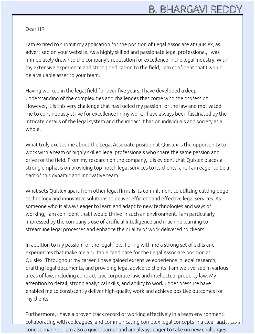 Legal Associate  At Quislex Cover Letter