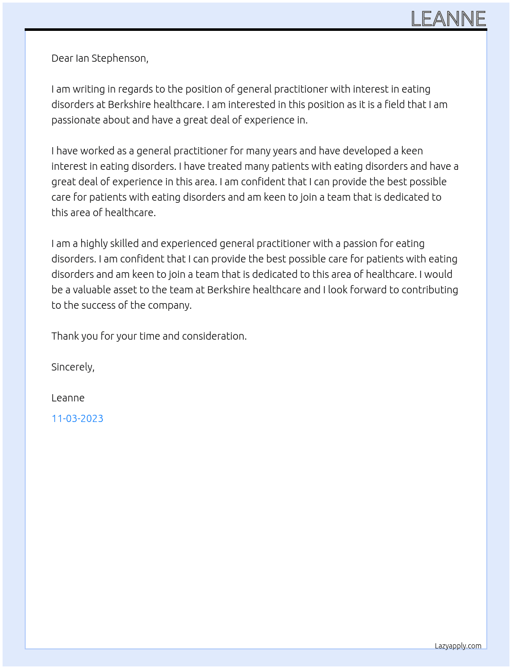 general practitioner with interest in eating disorders At Berkshire healthcare Cover Letter