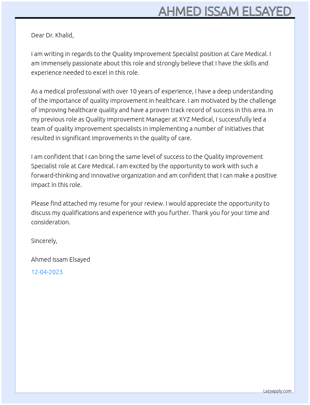 Quality improvement specialist  At Care Medical  Cover Letter
