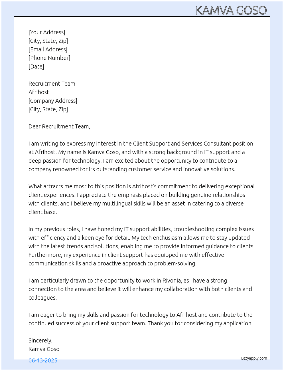 Client Support and Services Consultant At Afrihost  Cover Letter