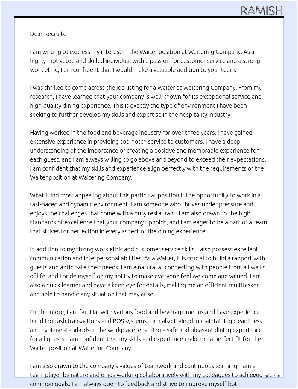 Waiter At Waitering company Cover Letter