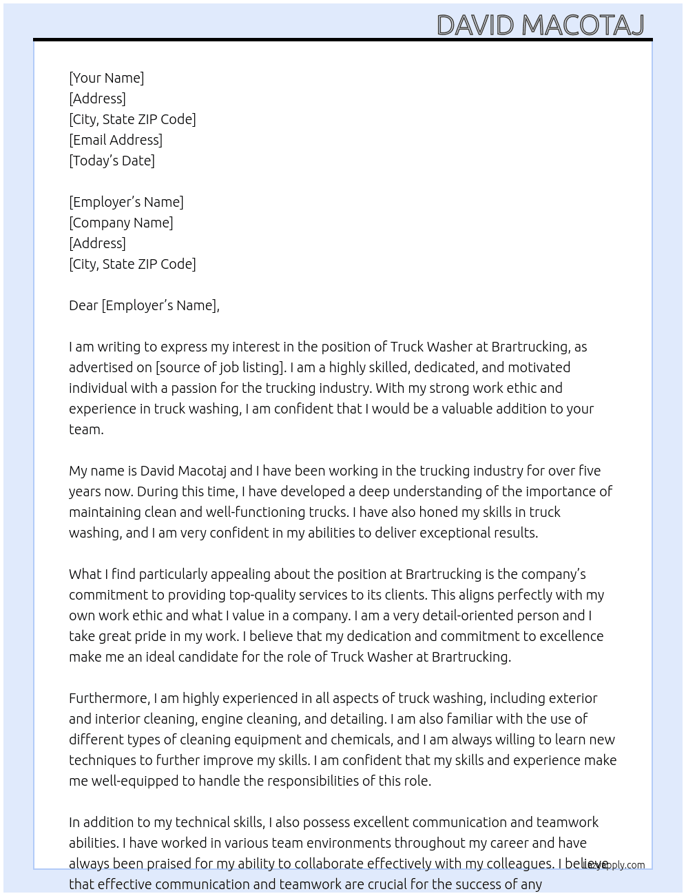 Working  At Truck washer  Cover Letter