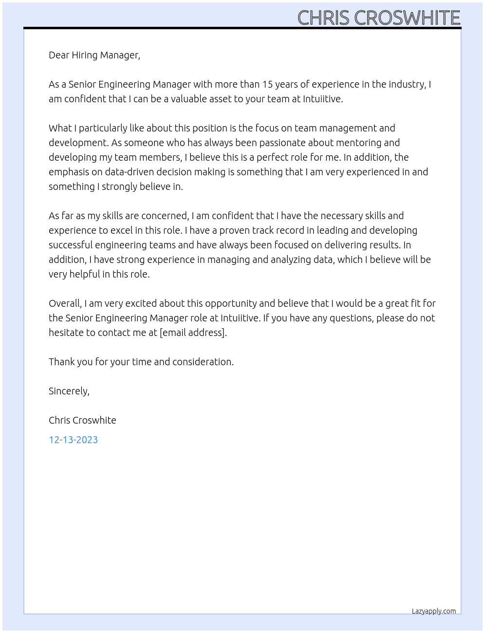 Senior Engineering Manager At Intuiitive Cover Letter