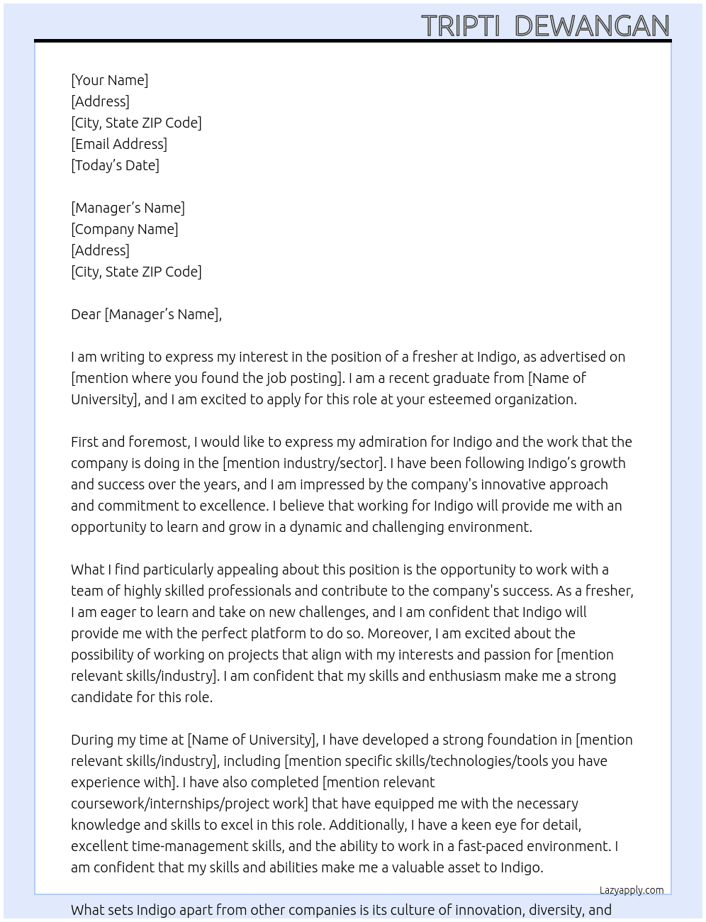 fresher At Indigo Cover Letter