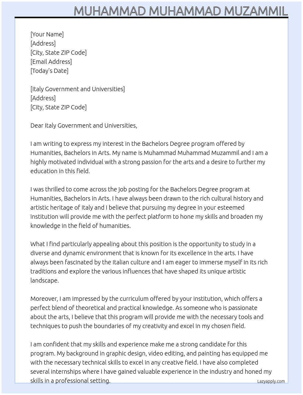Applying for Bachelors Degree At Humanities, Bachelors in Arts Cover Letter