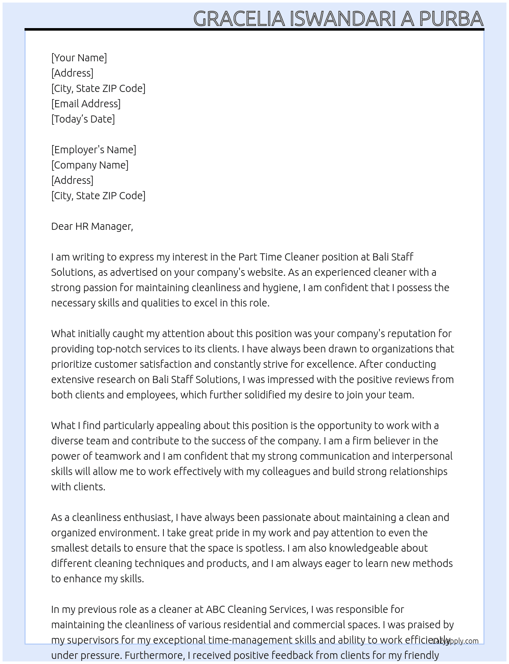 Part Time Cleaner At Bali Staff Solutions Cover Letter