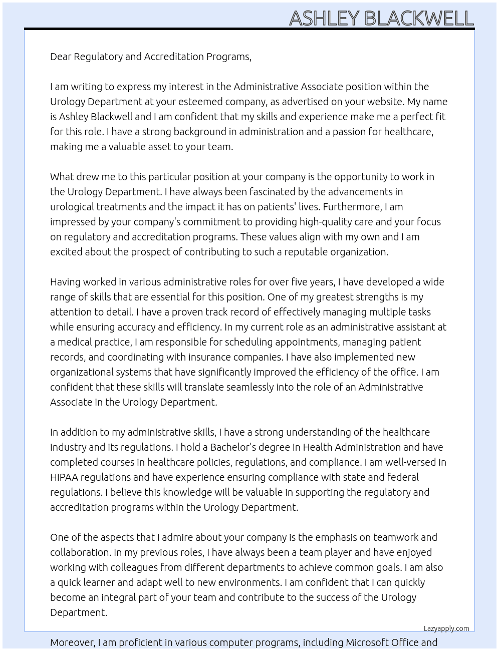 Administrative Associate, Urology Department At Program Manager - Regulatory and Accreditation Programs Cover Letter
