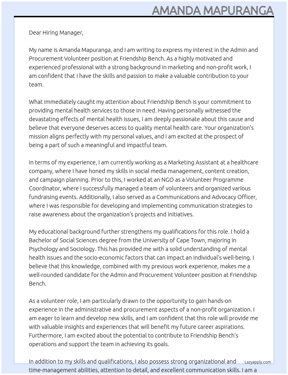 Admin and Procurement  Volunteer At Friendship Bench Cover Letter