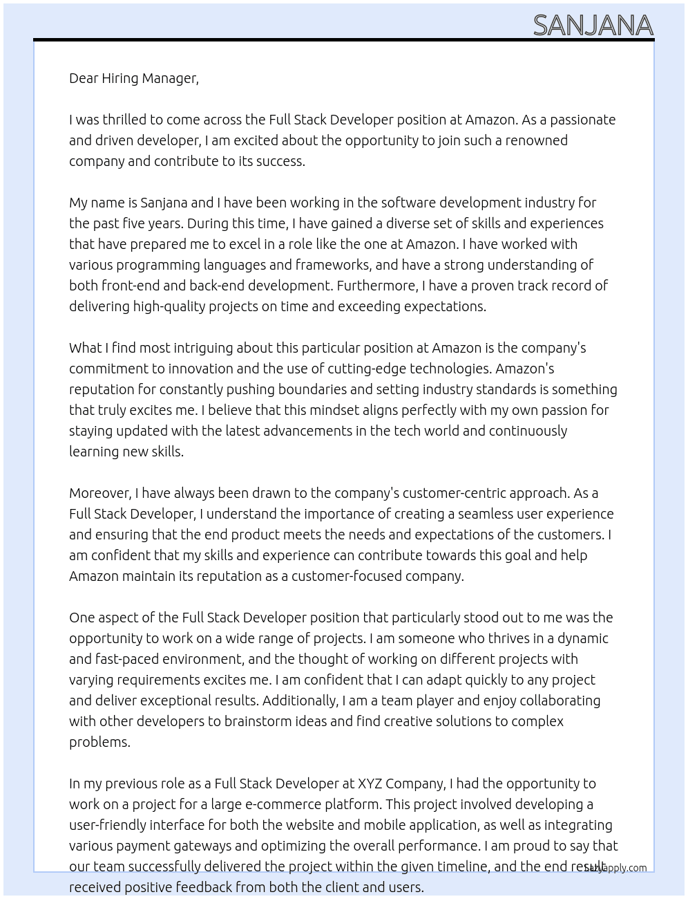 Full Stack Developer At Amazon Cover Letter
