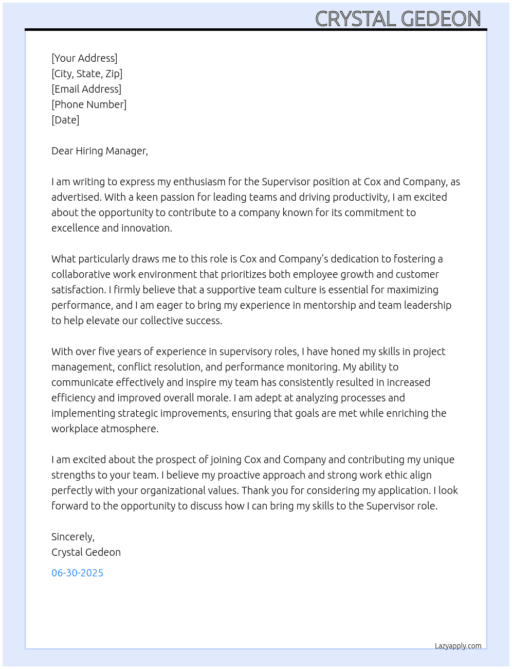 Supervisor At Cox and Company Cover Letter