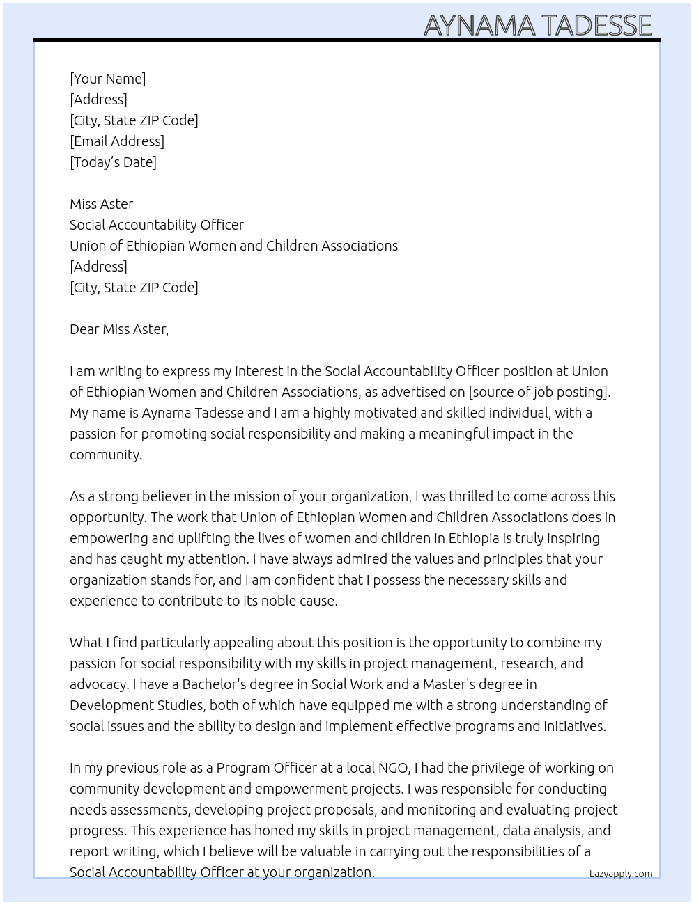 Social accountability officer  At Union of Ethiopian Women and Children Associations Cover Letter