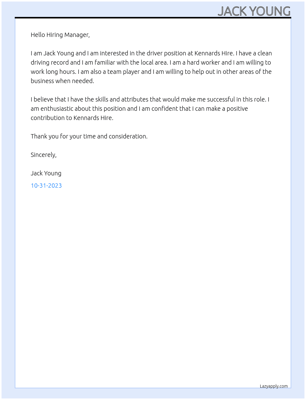 Driver At kennards hire Cover Letter