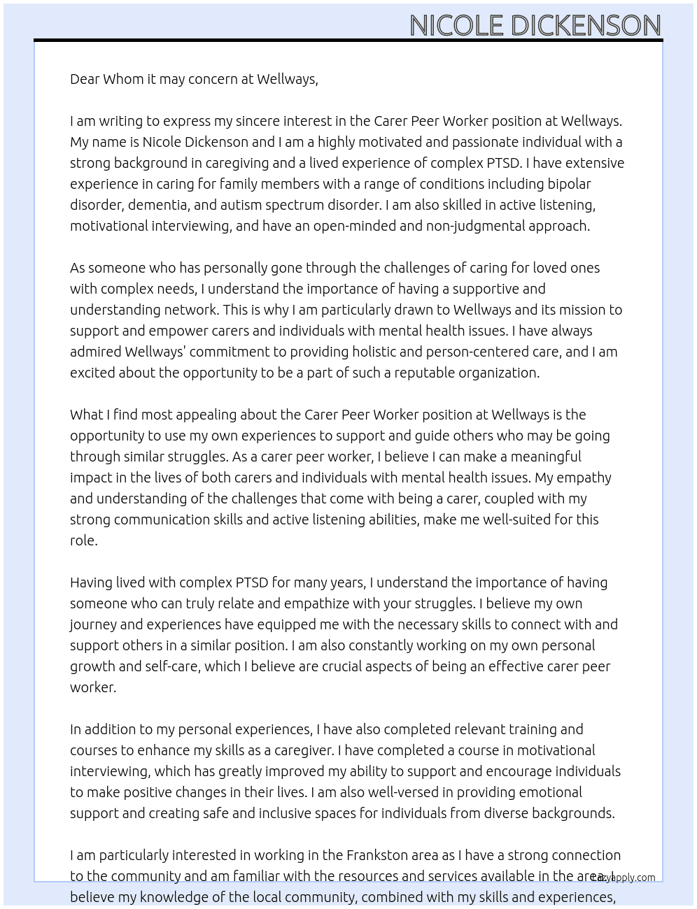 Carer peer worker At Wellways Cover Letter