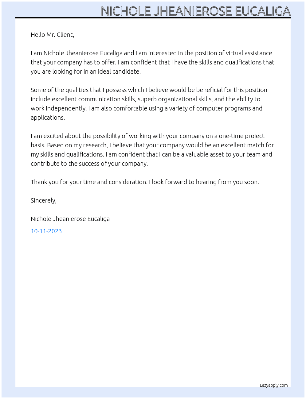 virtual assistance At one-time project Cover Letter