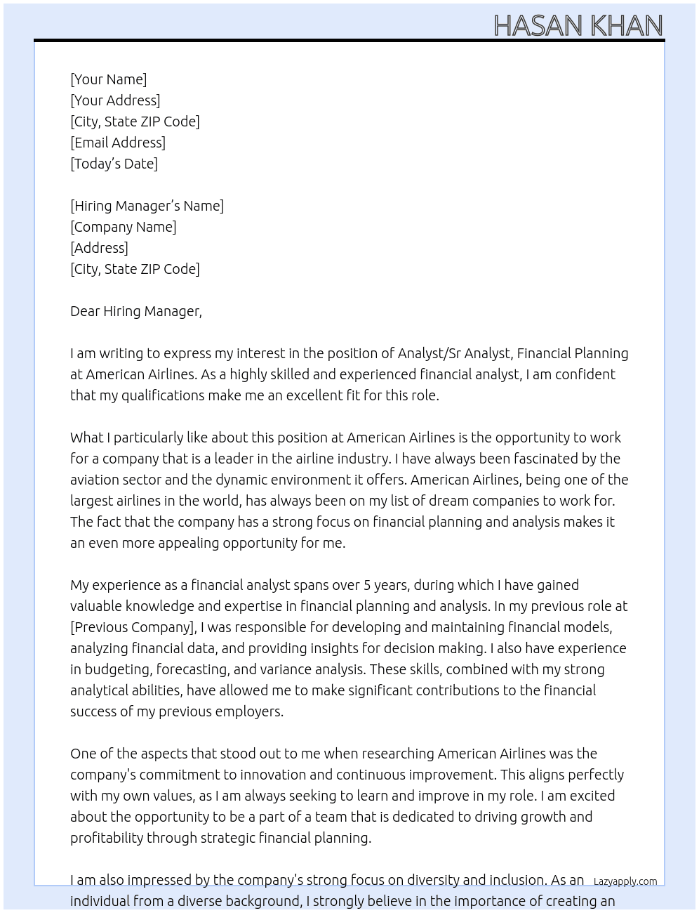 Analyst/Sr Analyst, Financial Planning At American Airlines Cover Letter