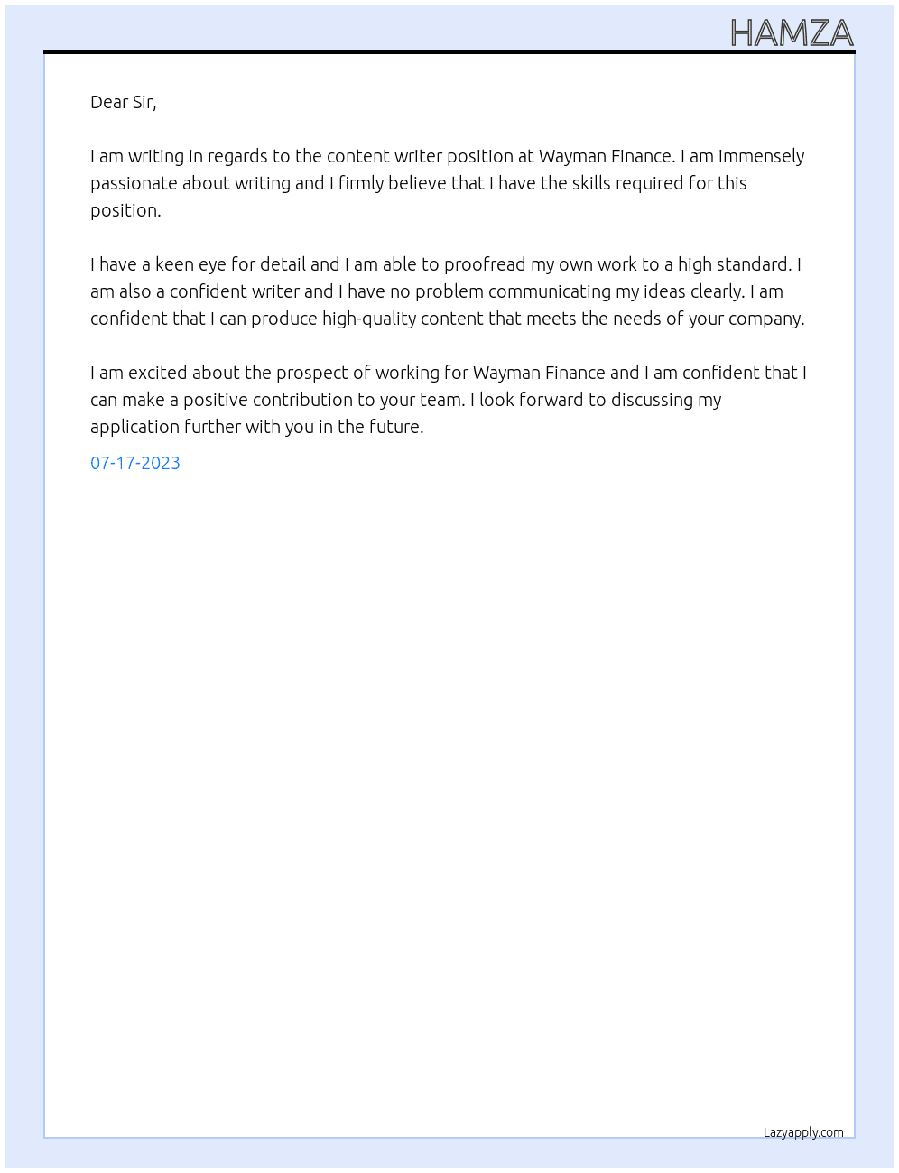 content writer At Wayman Finance Cover Letter