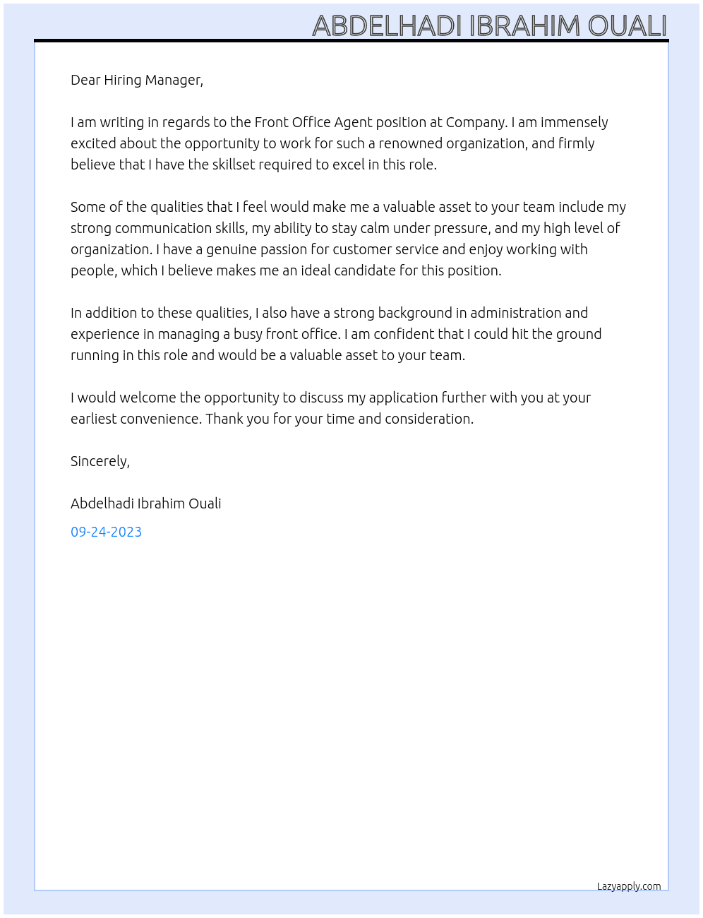 Front Office Agent At Company Cover Letter