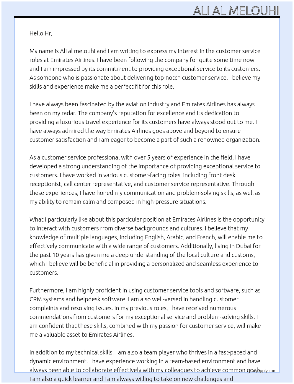 Customer service roles At Emirates Airlines  Cover Letter