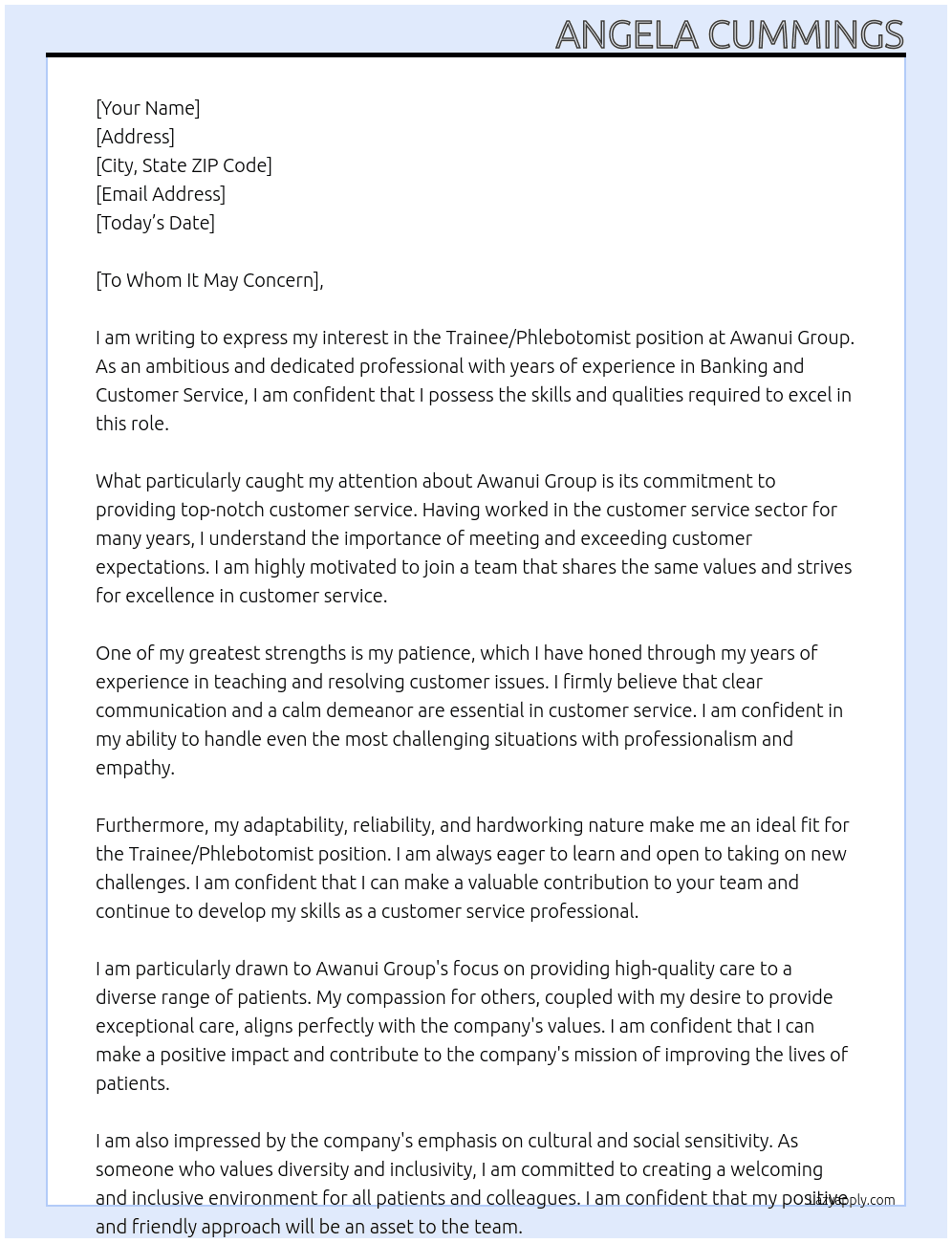 Trainee / Phlebotomist At Awanui Group Cover Letter