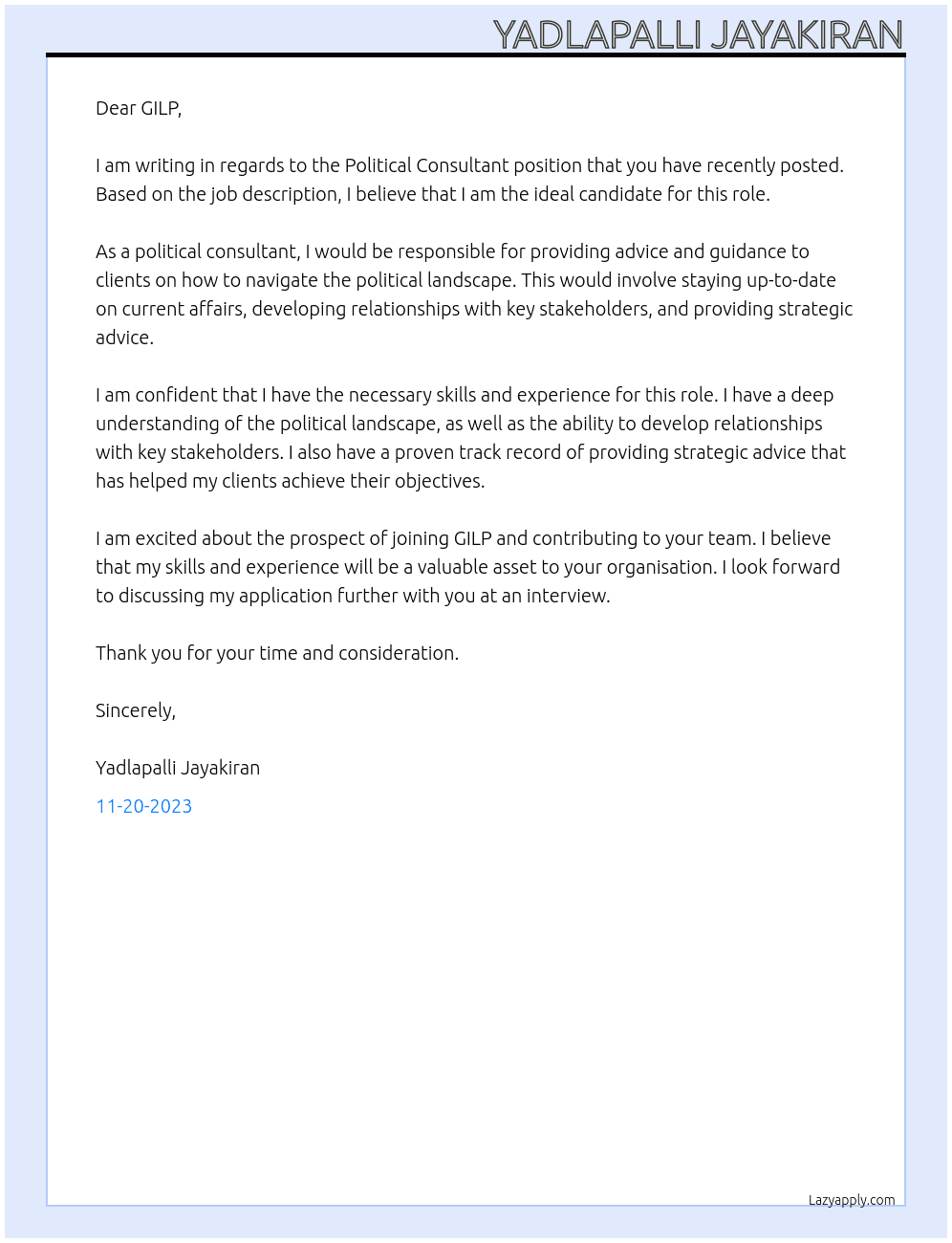 Political Consultant At GILP  Cover Letter