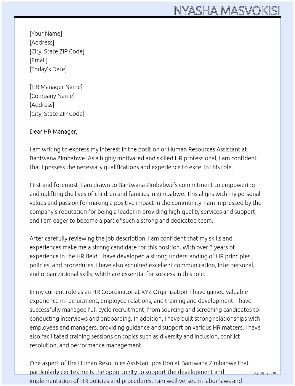 Human Resources Assistant At Bantwana Zimbabwe Cover Letter