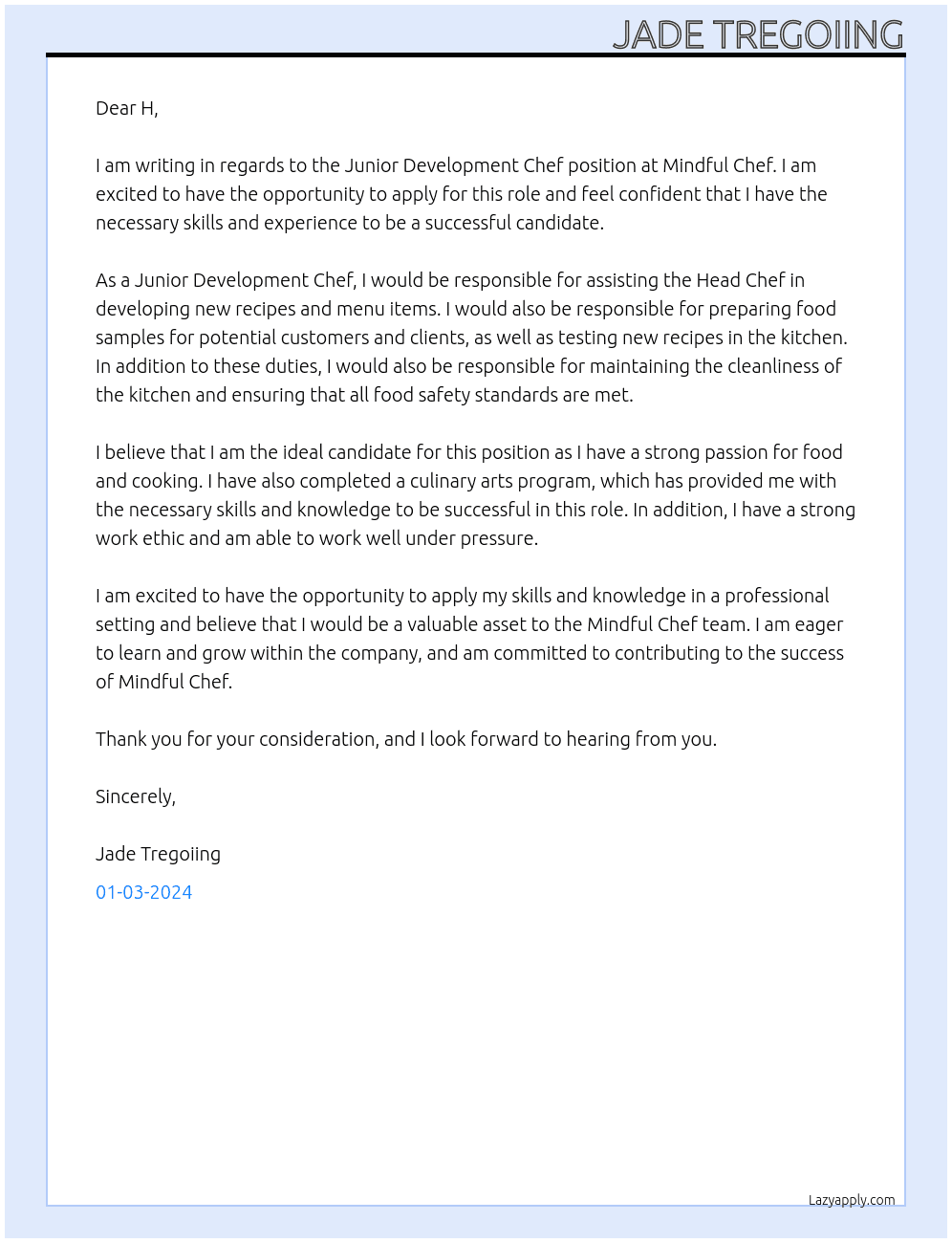 Junior Development Chef At Mindful Chef Cover Letter