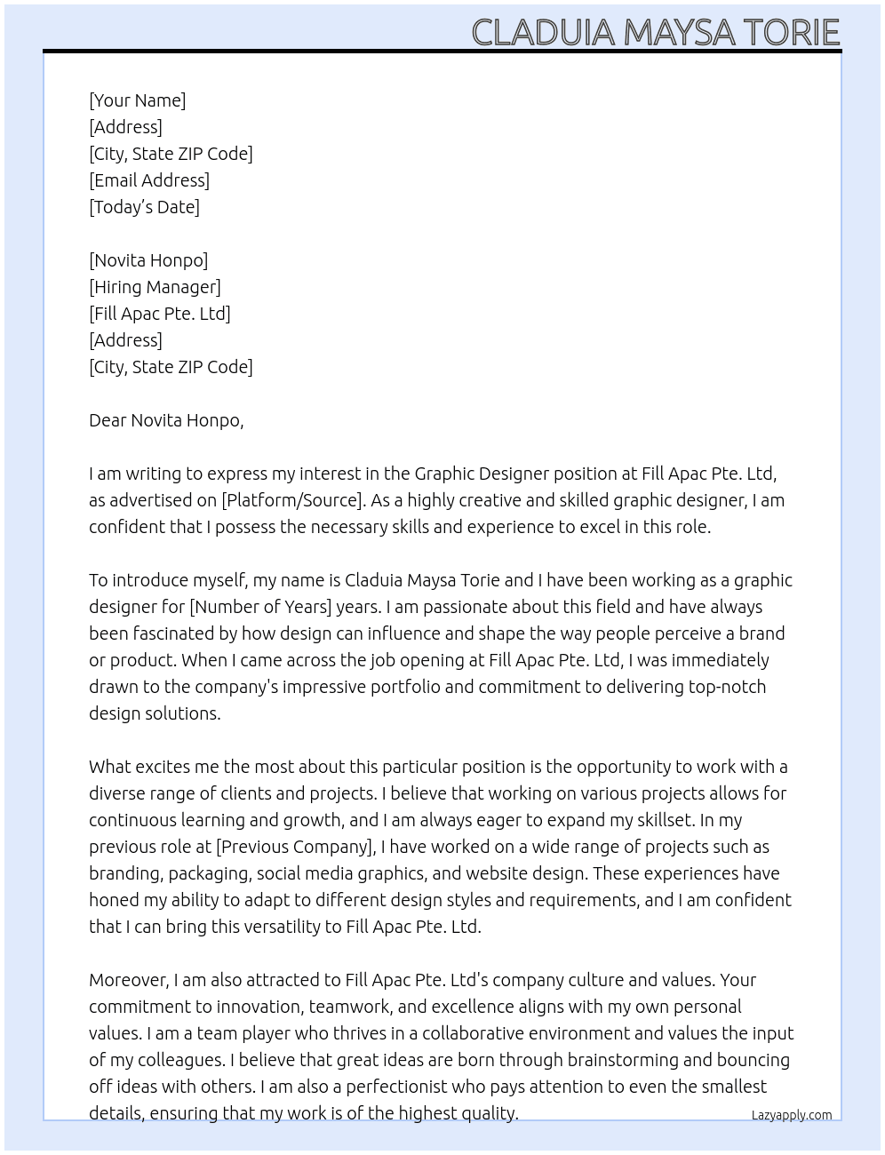 Graphic Designer At Fill Apac Pte. Ltd Cover Letter
