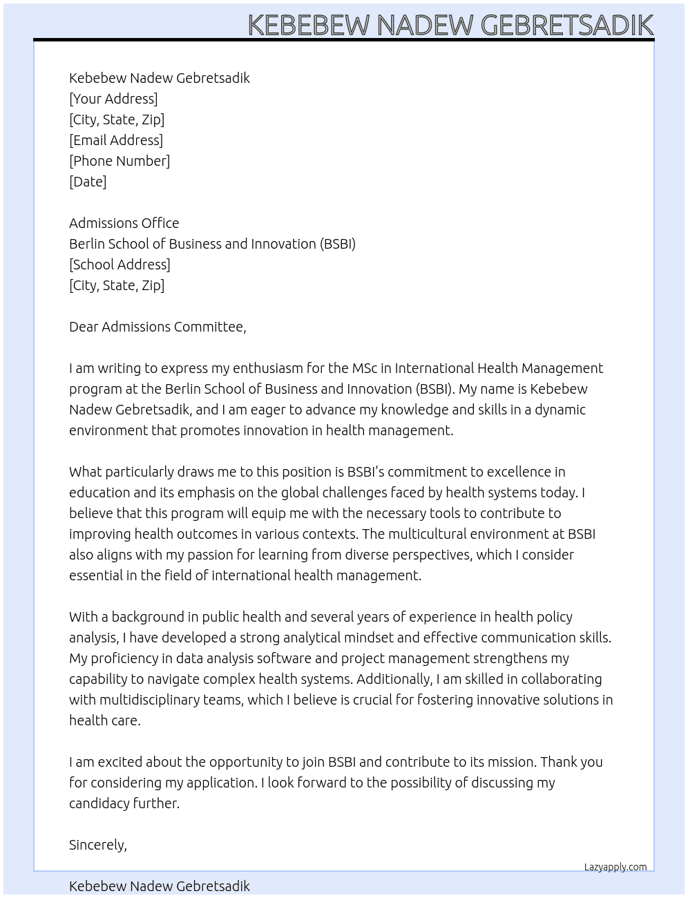 MSc in international health management  At BSBI Cover Letter