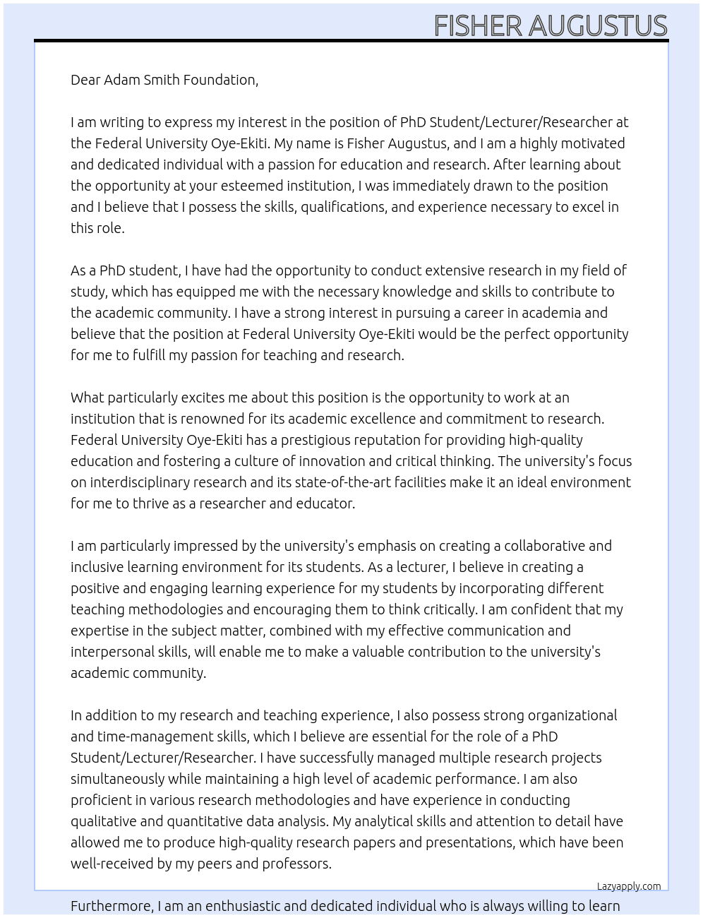 PhD Student/Lecturer/Researcher At Federal University Oye-Ekiti Cover Letter