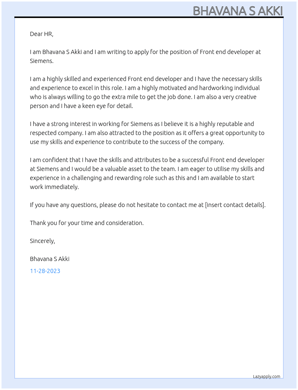Front end developer  At Siemens  Cover Letter
