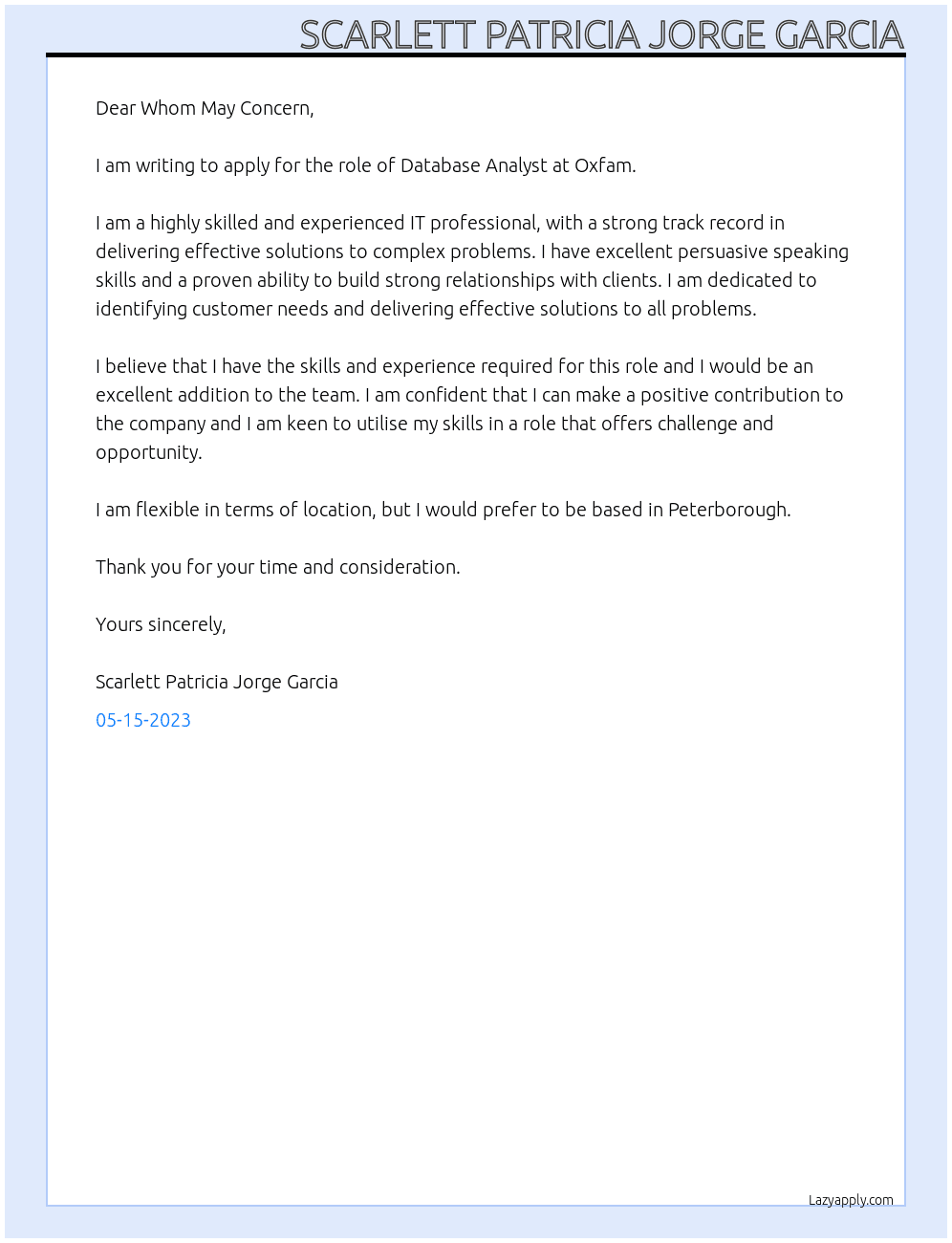 Database Analyst At Oxfam Cover Letter