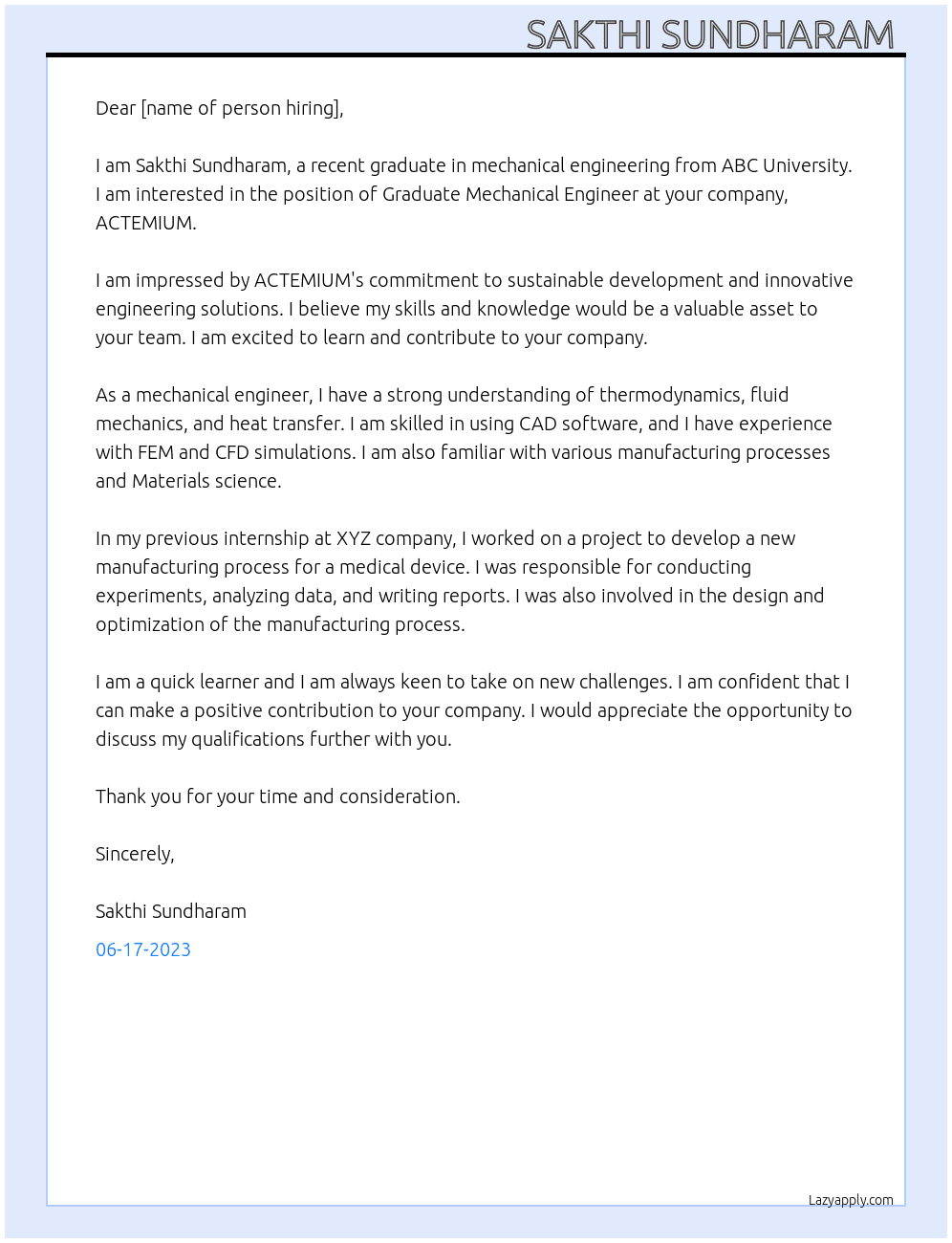 GRADUATE MECHANICAL ENGINEER At ACTEMIUM  Cover Letter