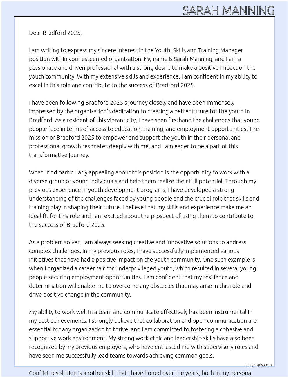 Youth, Skills and Training Manager At Bradford 2025 Cover Letter