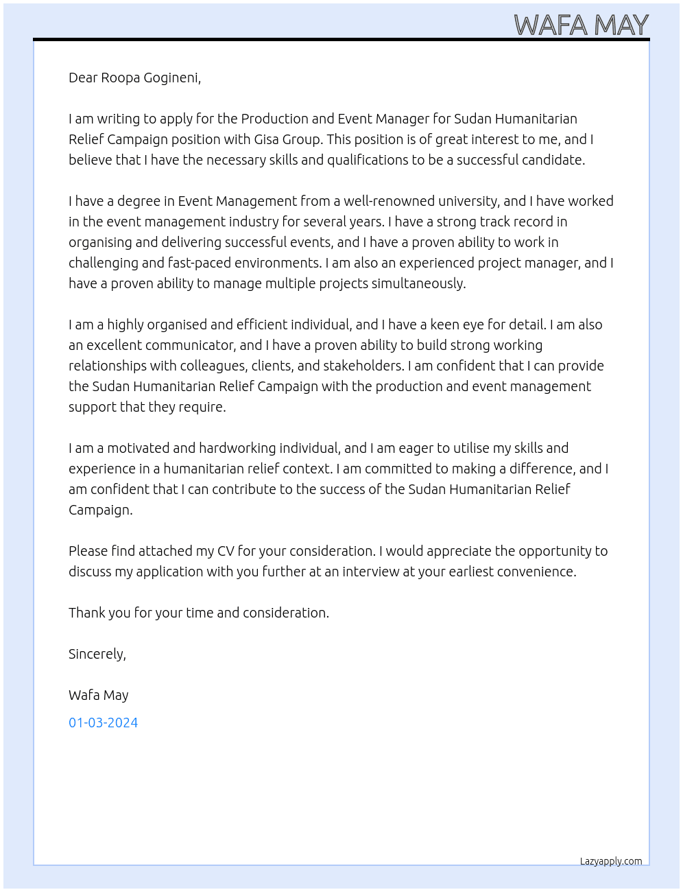 Production and Event Manager for Sudan Humanitarian Relief Campaign At Gisa Group Cover Letter