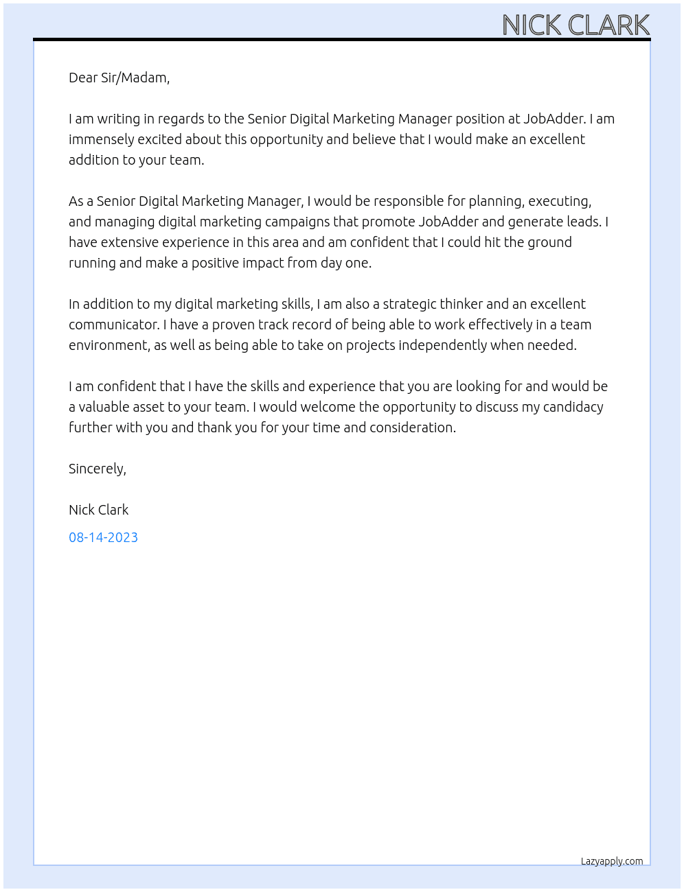 Senior Digital Marketing Manager At JobAdder Cover Letter