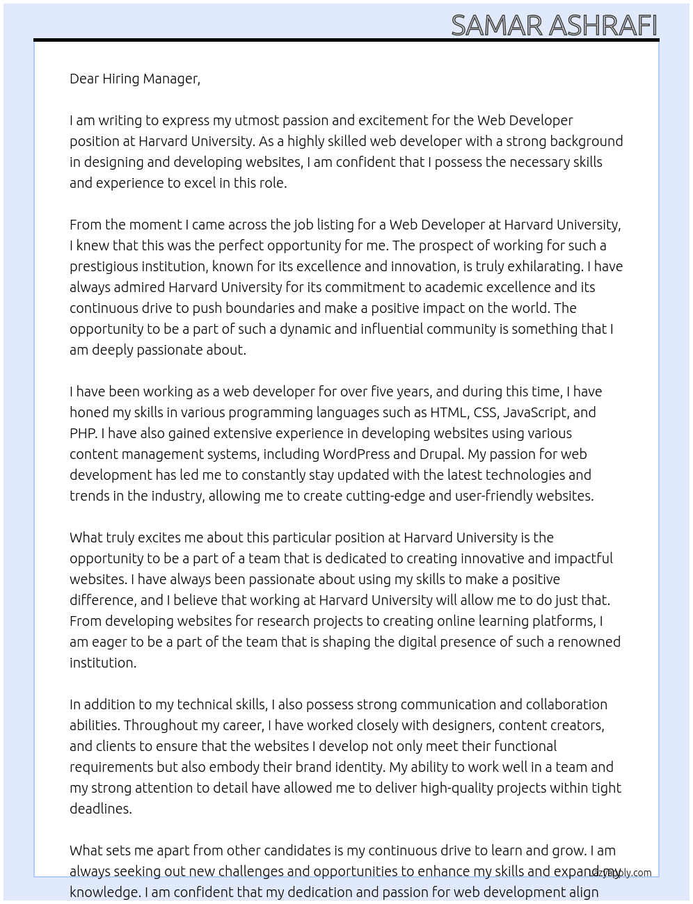 Web Developer At Harvard University Cover Letter