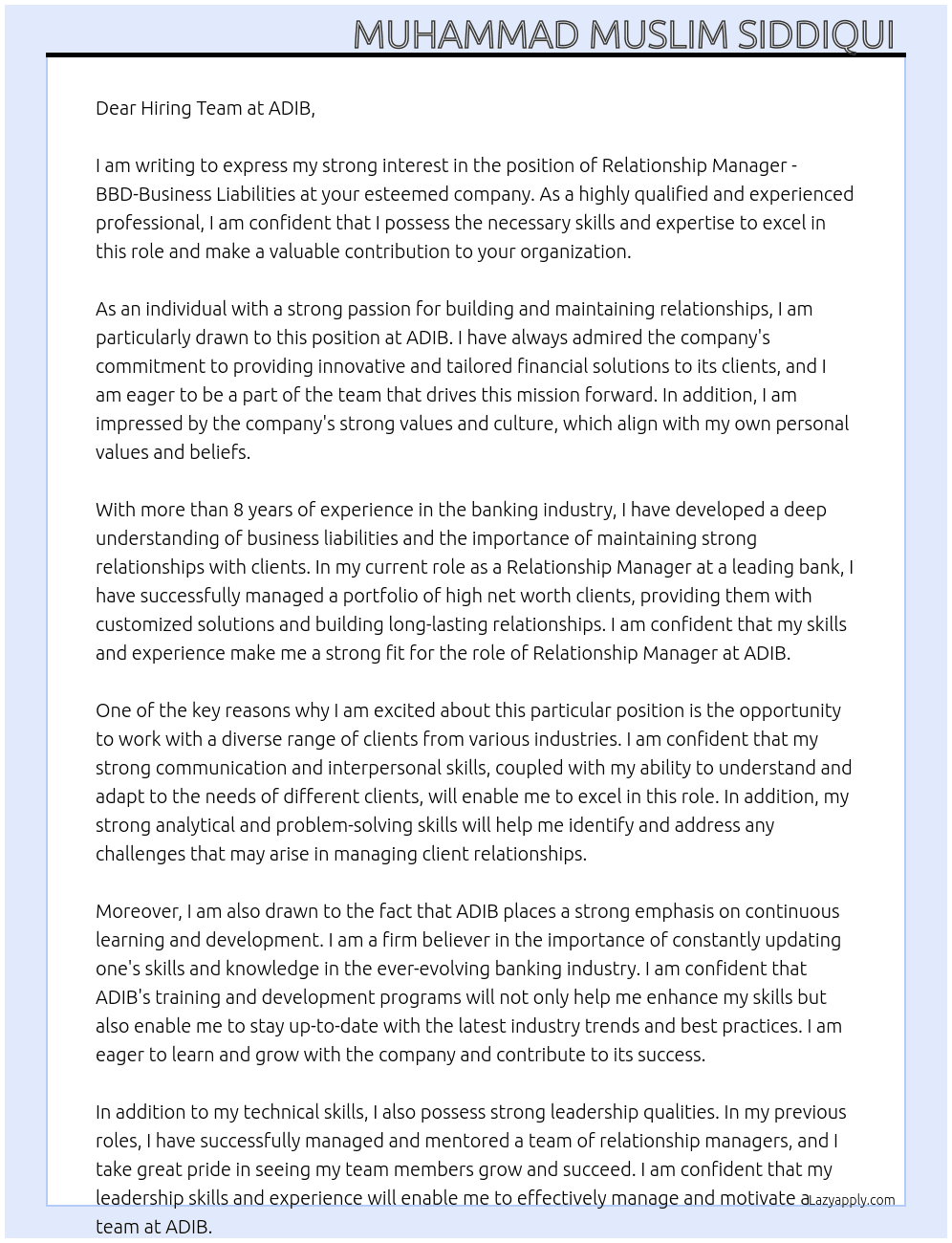 Relationship Manager - BBD-Business Liabilities At ADIB Cover Letter