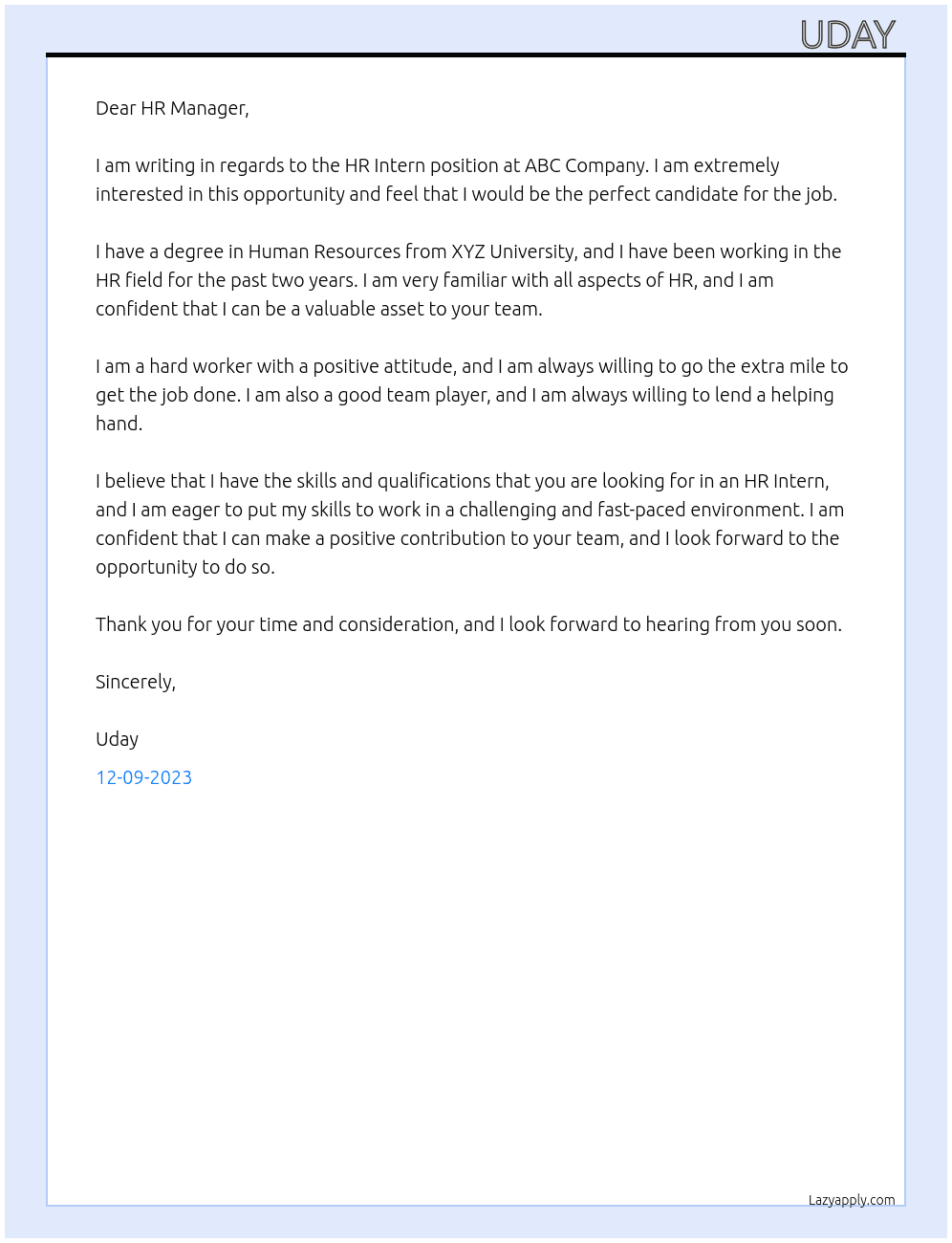 HR Intern  At .  Cover Letter