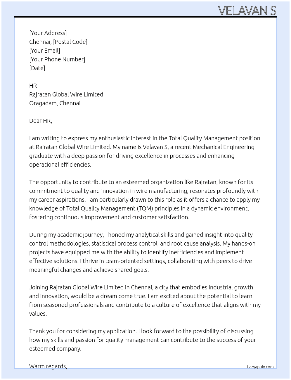 Total quality management for fresher At Rajratan global wire limited, Oragadam, chennai  Cover Letter