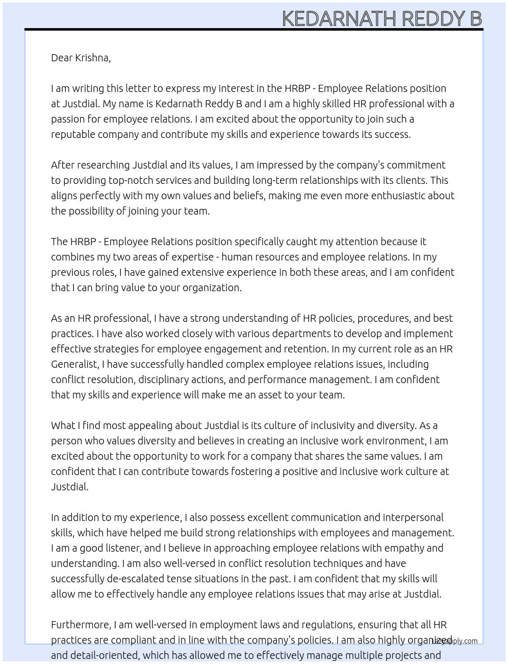 HRBP - Employee Relations At Justdial Cover Letter