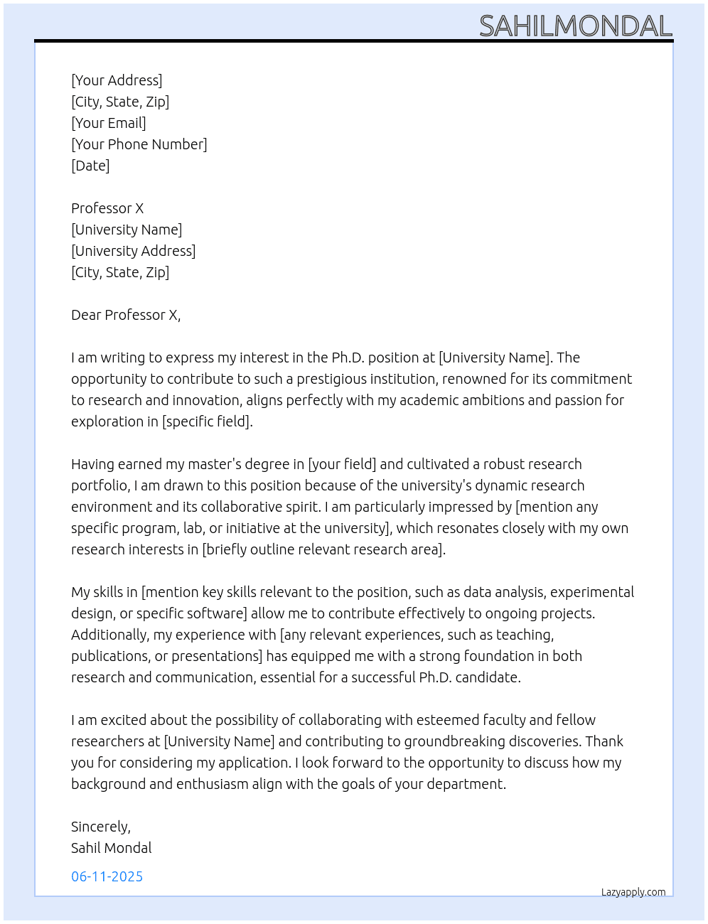 Ph.D. At university Cover Letter