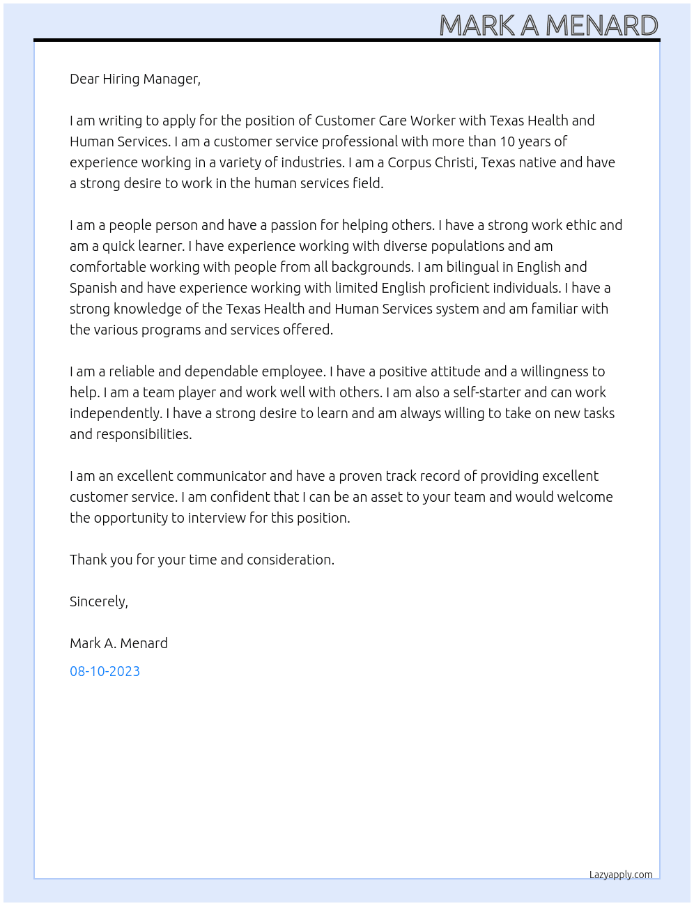 Customer Care Worker At Texas Health and Human Services Cover Letter