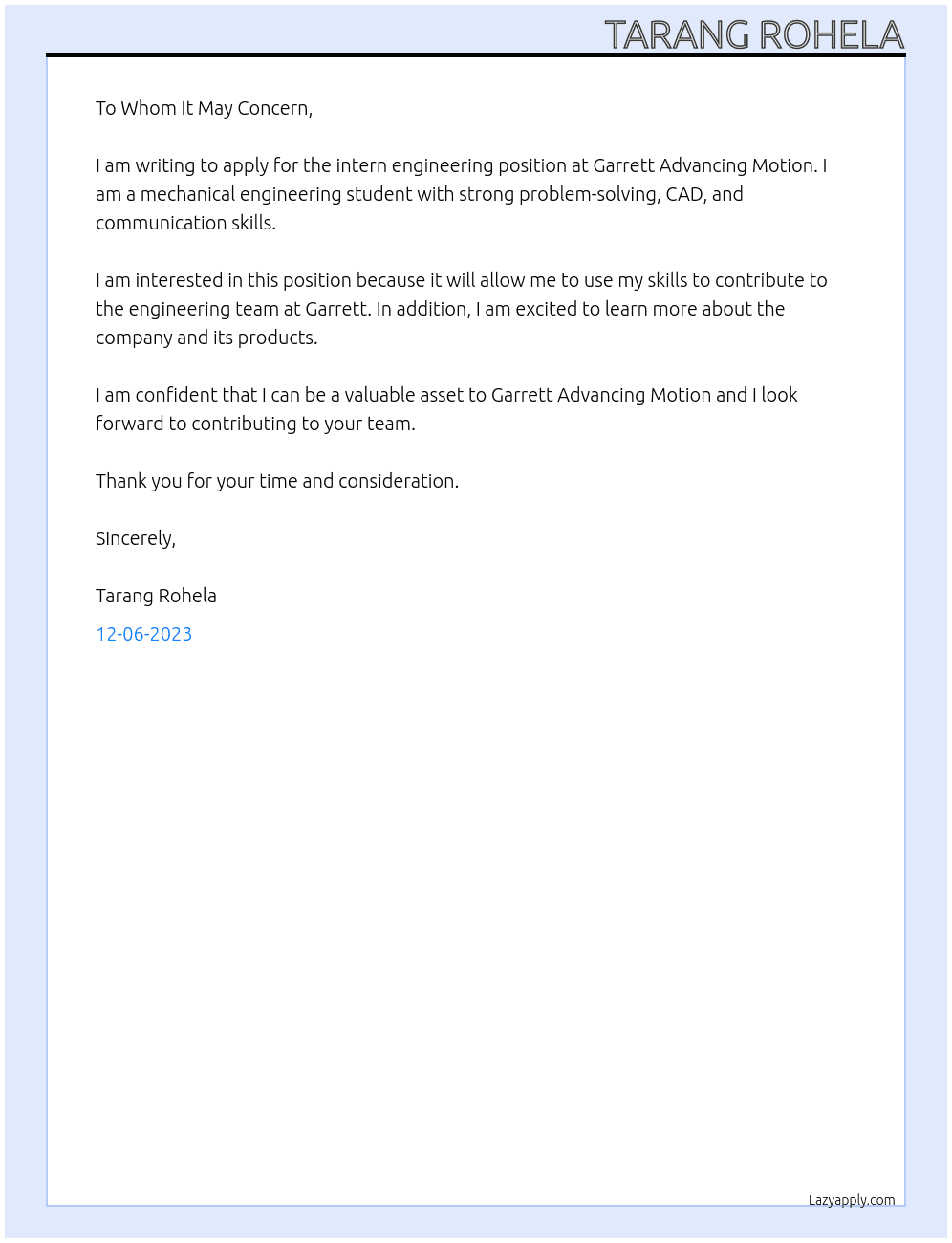 intern engineering  At Garrett Advancing motion  Cover Letter