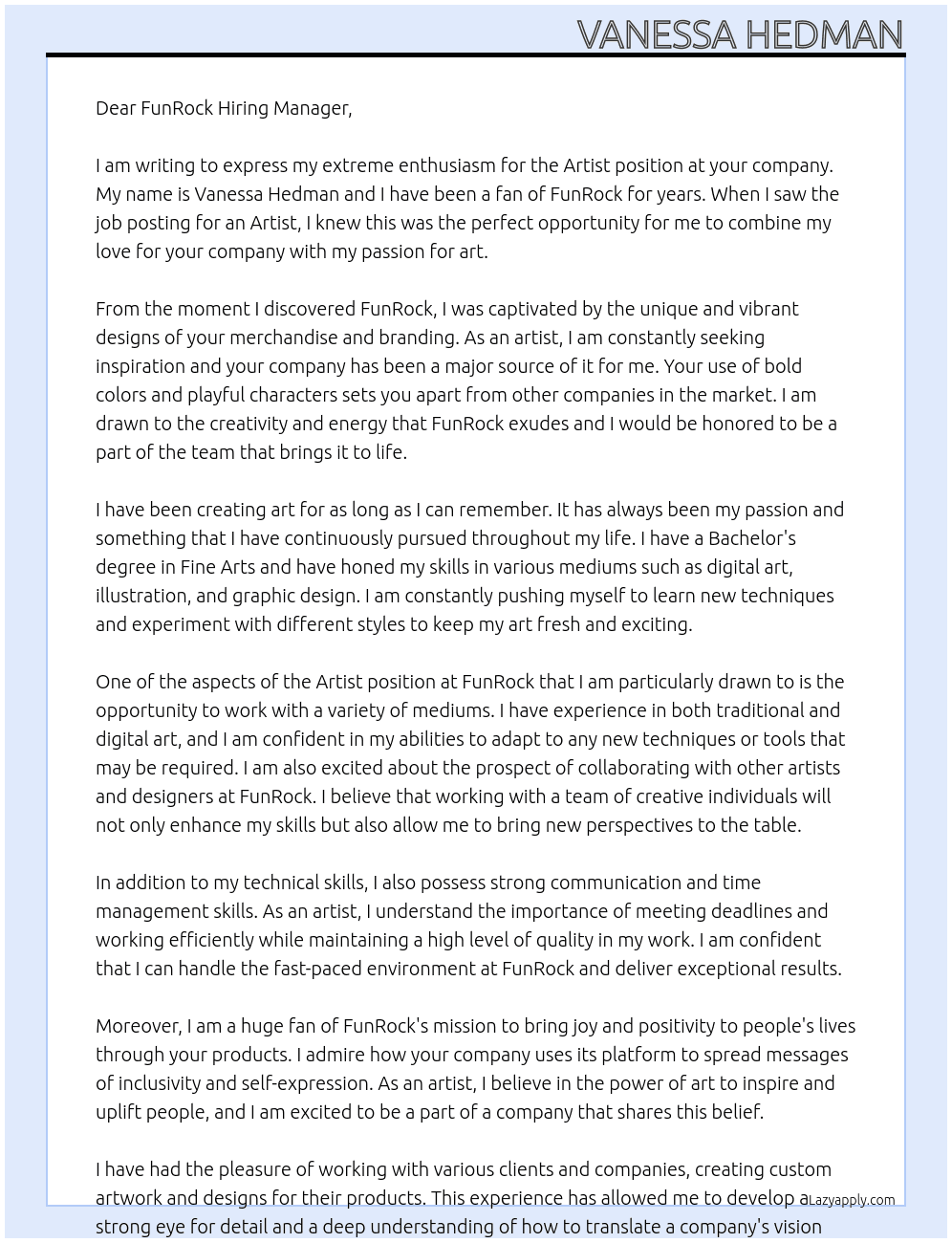 Artist  At FunRock Cover Letter
