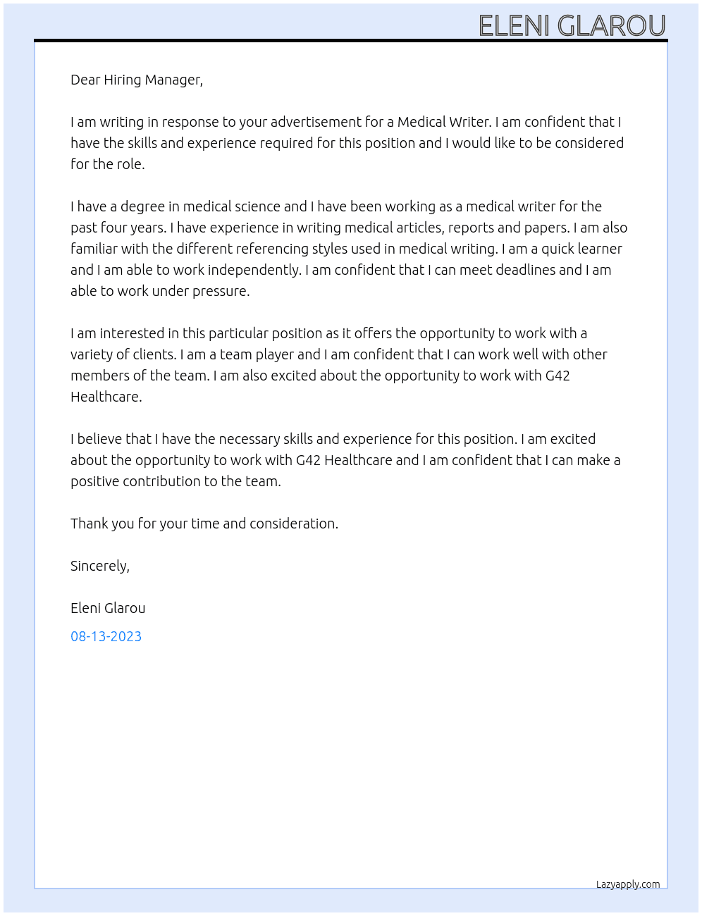 Medical Writer At G42 Healthcare Cover Letter